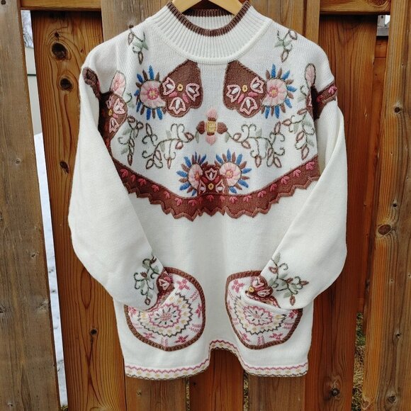 BEAUTIFUL Vintage PARAMOUR Embroidered Sweater FREE SIZE CIRCLE POCKETS - Picture 7 of 8